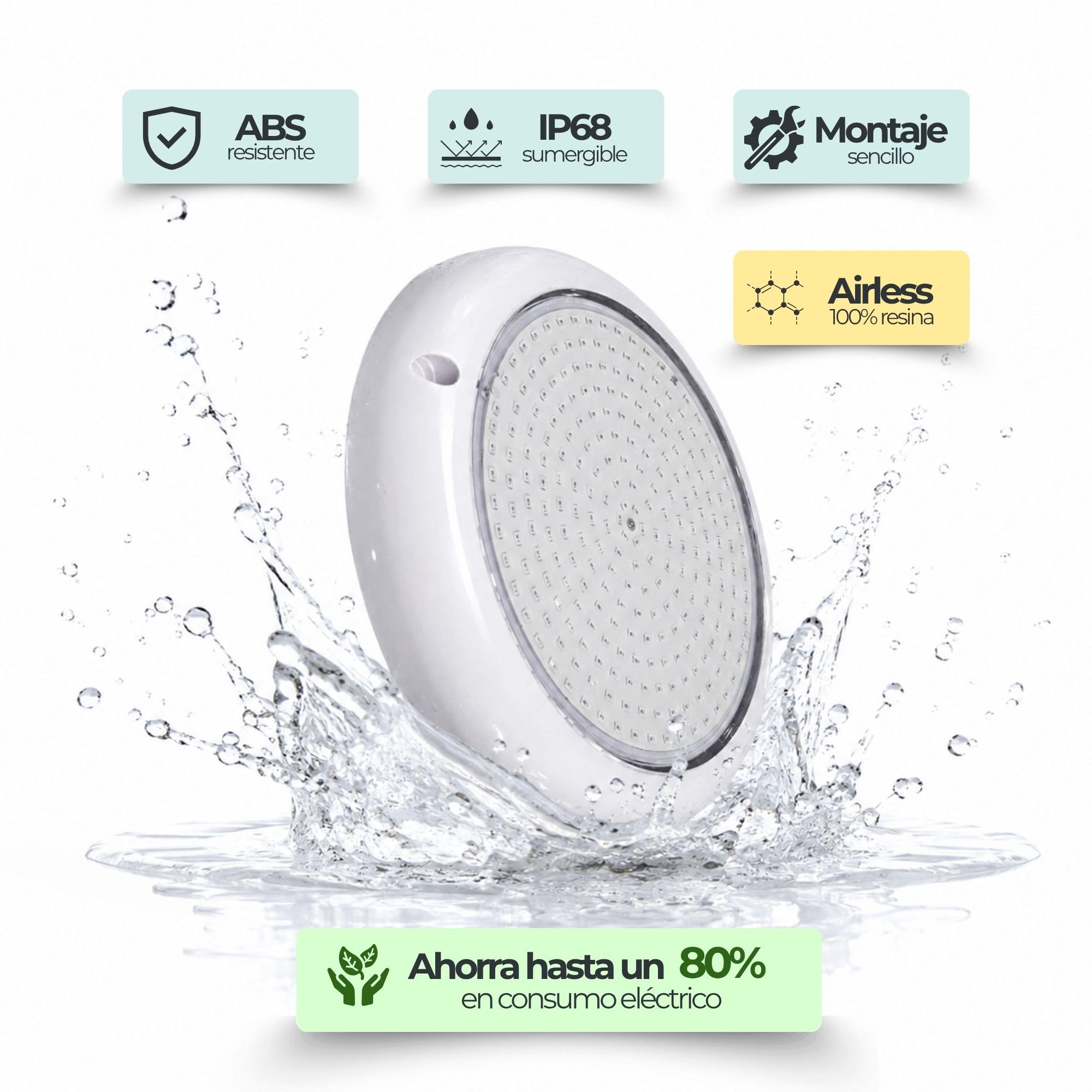 SWIMHOME Warmpool Foco LED para Piscina de Superficie Extraplano 35W Blanco Frío 6000K IP68 Resina 12V AC Ø 20 cm