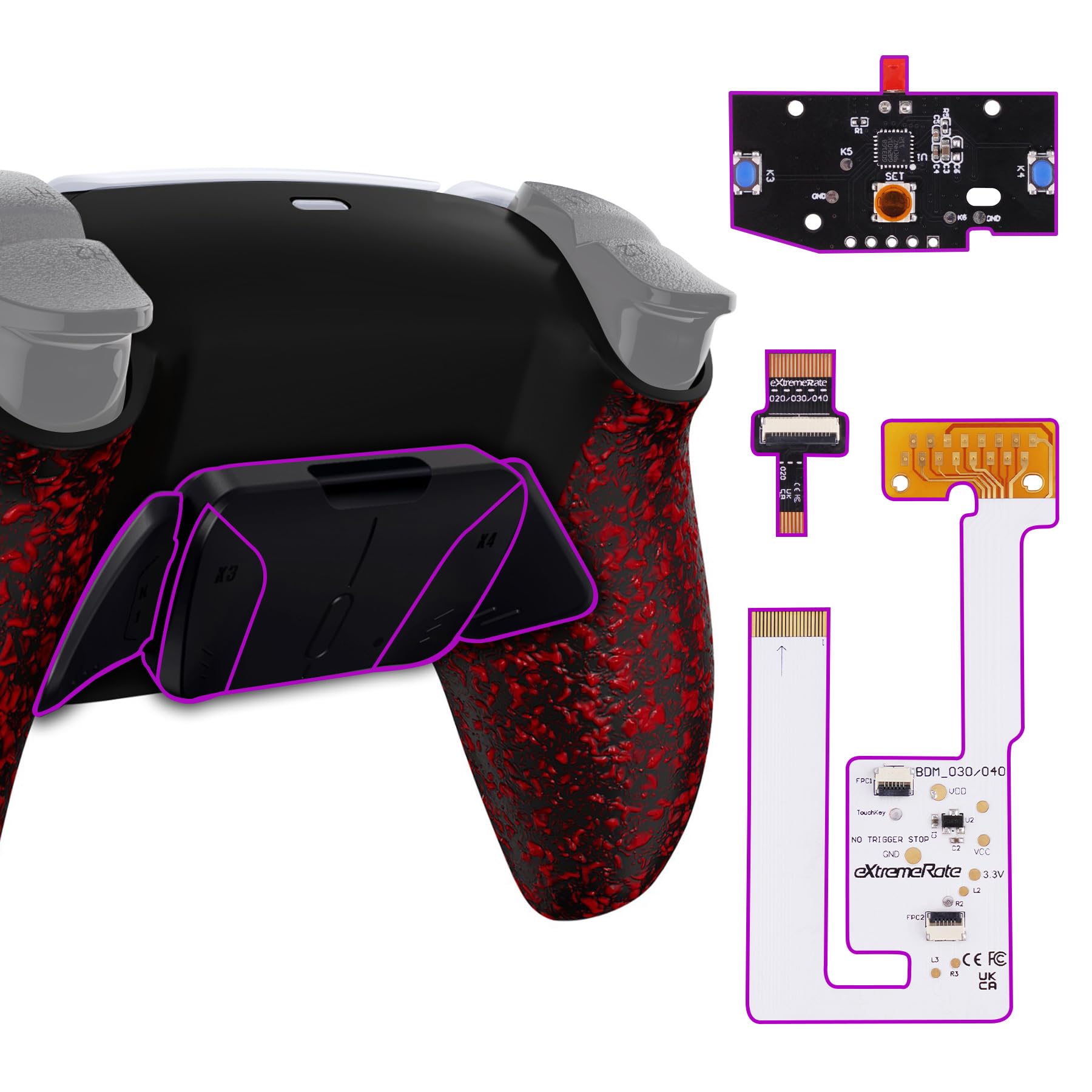 eXtremeRate RISE4 V3 Remap Kit für ps5 Controller BDM-030/040/050 Modell, Upgrade Board & Re-Design Rückseite Gehäuse Case & Rücktasten Back Paddles Set für ps5-Textur Rot