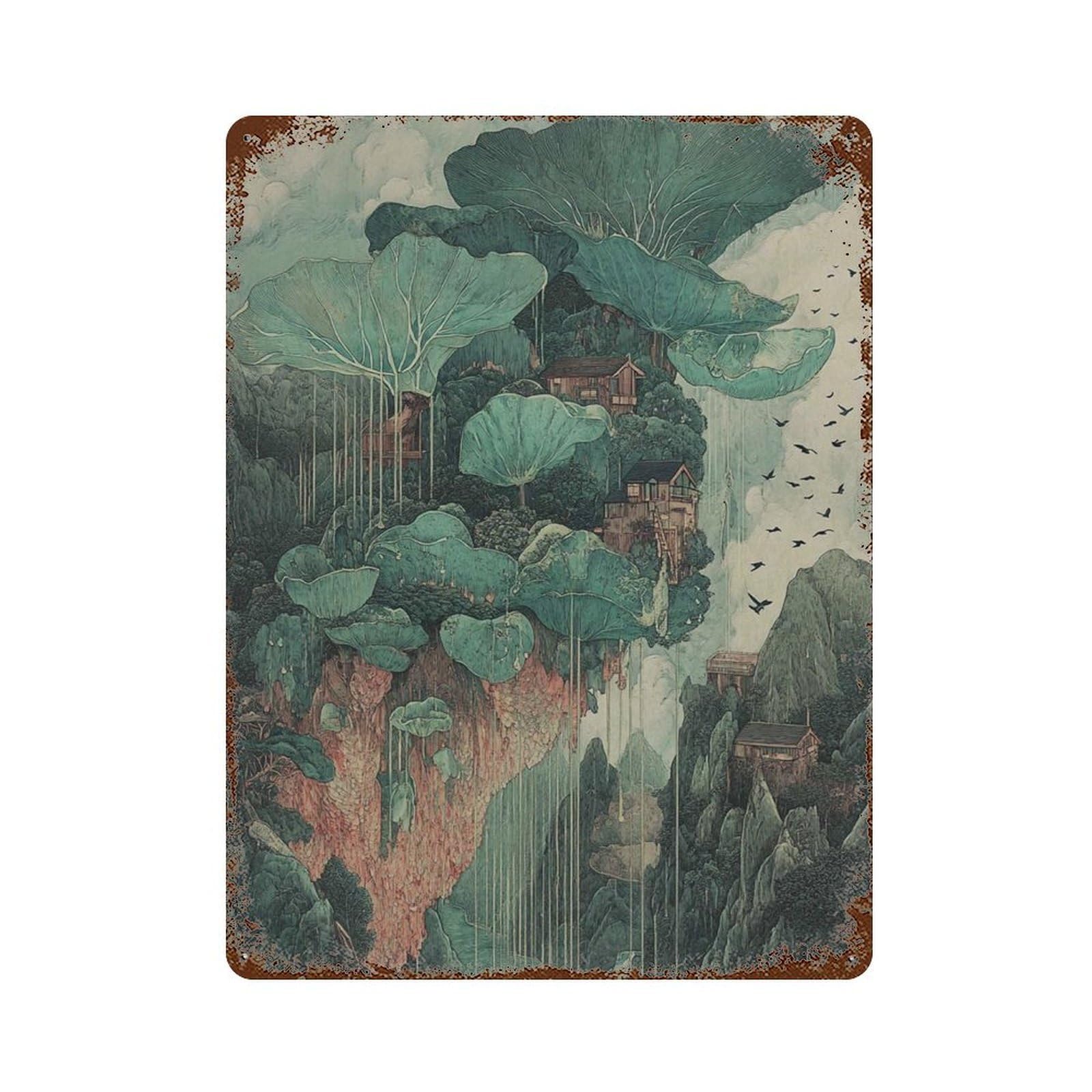 xiaoxiaoshen Floating Forest Village Enchanted Landscape Mystical Nature Wall Decor Art Metal Tin Poster Modern Home Decor Art Home Bar Shop Decorations Vintage Sign 40x30cm