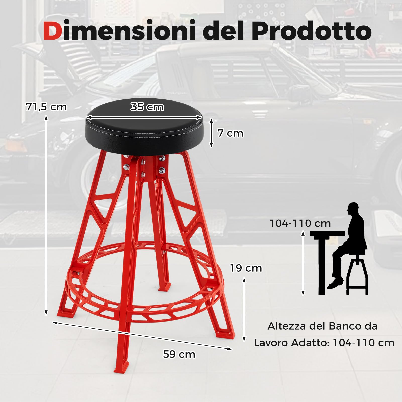 COSTWAY Sgabello da Officina, Sedia Meccanico in Metallo con Girevole a 360° e Seduta Imbottita, Capacità di 182 kg, Sgabello Alto da Lavoro con Poggiapiedi per Garage e Officina, Rosso + Nero