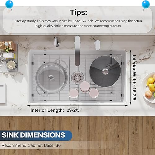 Miniatura 6 de Fregadero de cocina de 32 piezas para montaje bajo encimera y empotrado, 32 x 19 pulgadas, fregadero de cerámica de porcelana blanca, accesorios de