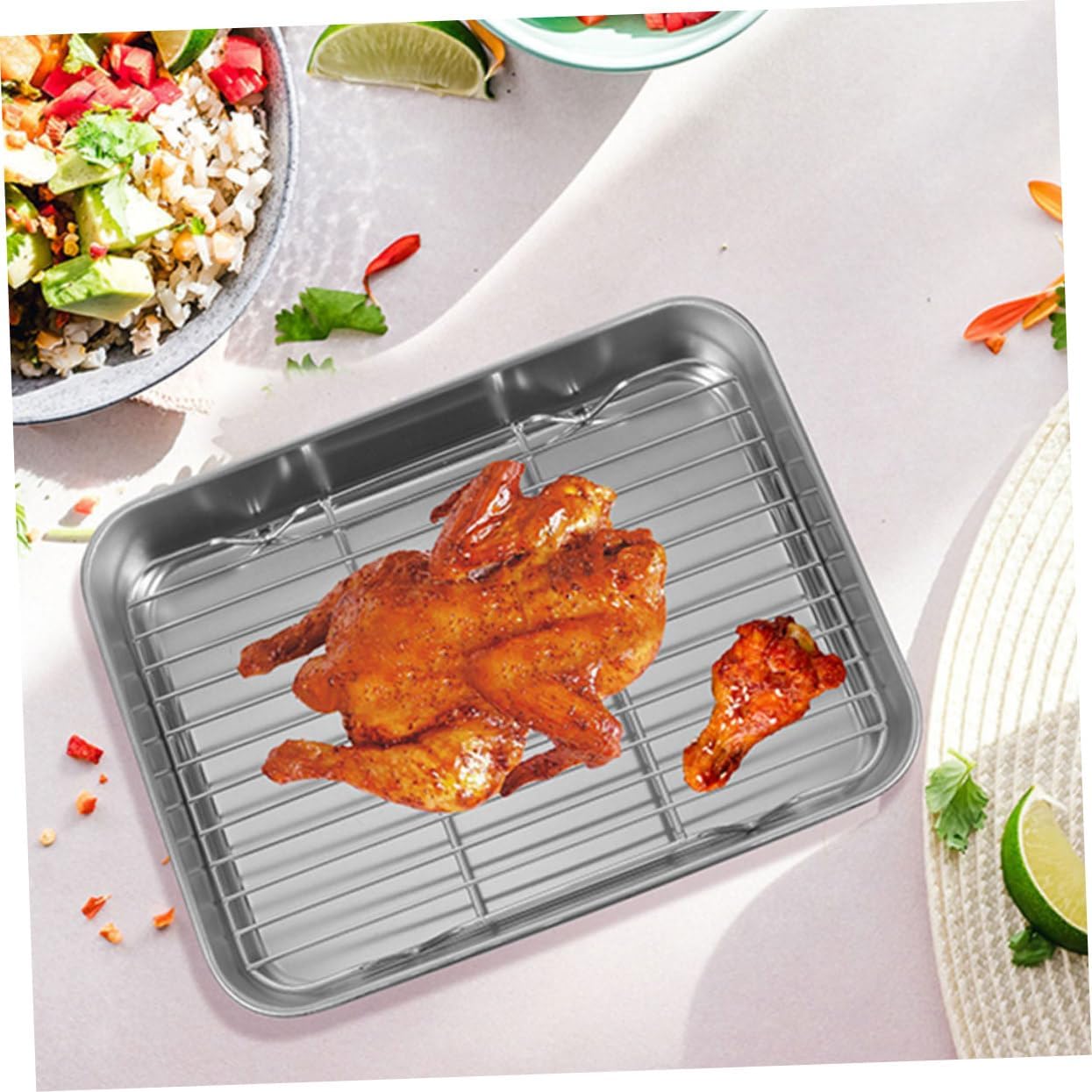 Stainless Steel Kitchen Food Pan with Rack and Cover Deep Roasting Tray for Cooking and Food Preservation Snack Container for Family Meal Prep