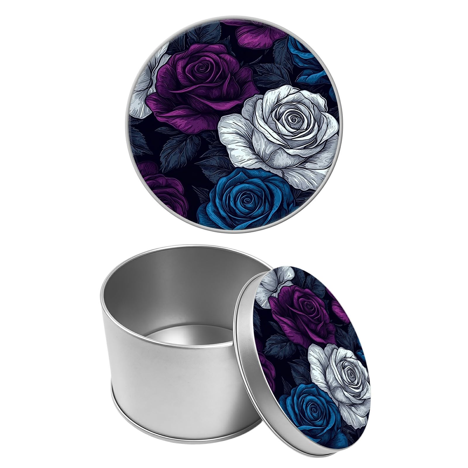 Round Metal Tin Container with Removable Lid, Hand-drawn Rose Durable Metal Storage Box for Cookies Spices Tea Candies Cakes Jewelry Cosmetics 3.54 x 2.36 inch– Single Pack