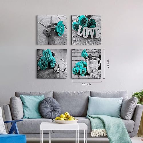 Miniatura 3 de Arte de pared con diseño de rosas de color turquesa, verde azulado, negro y blanco, impresiones de pinturas rústicas y modernas con diseño de amor,