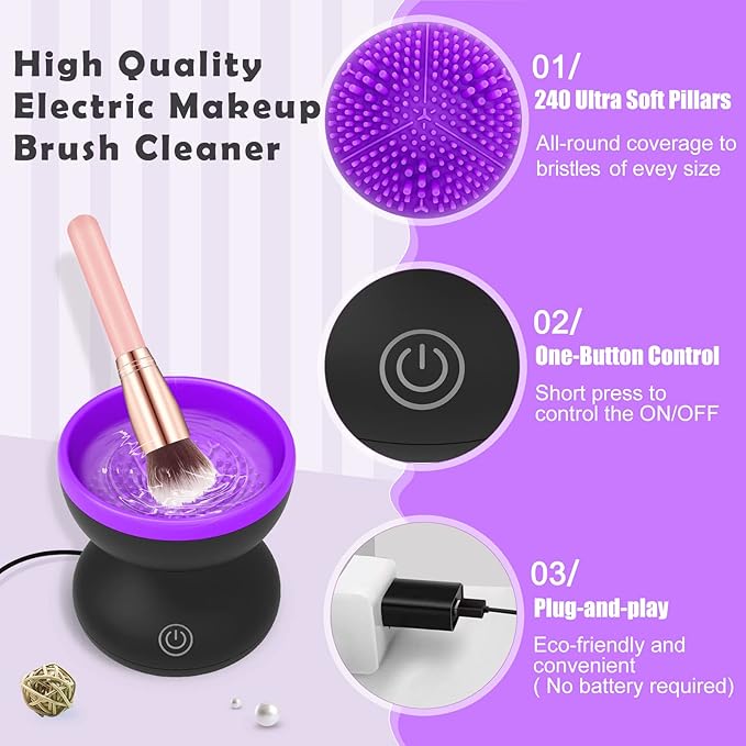 Thanks to its portable size, measuring only 3.5 x 3.5 x 3.5 inches, this makeup brush cleaner is perfect for on-the-go use. It is a must-have for professional makeup artists and makeup lovers. The product comes in a colored box package, making it an excellent gift choice for your loved ones. Upgrade your makeup brush cleaning routine with our efficient and convenient electric makeup brush cleaner machine. Description by ChatGPT.