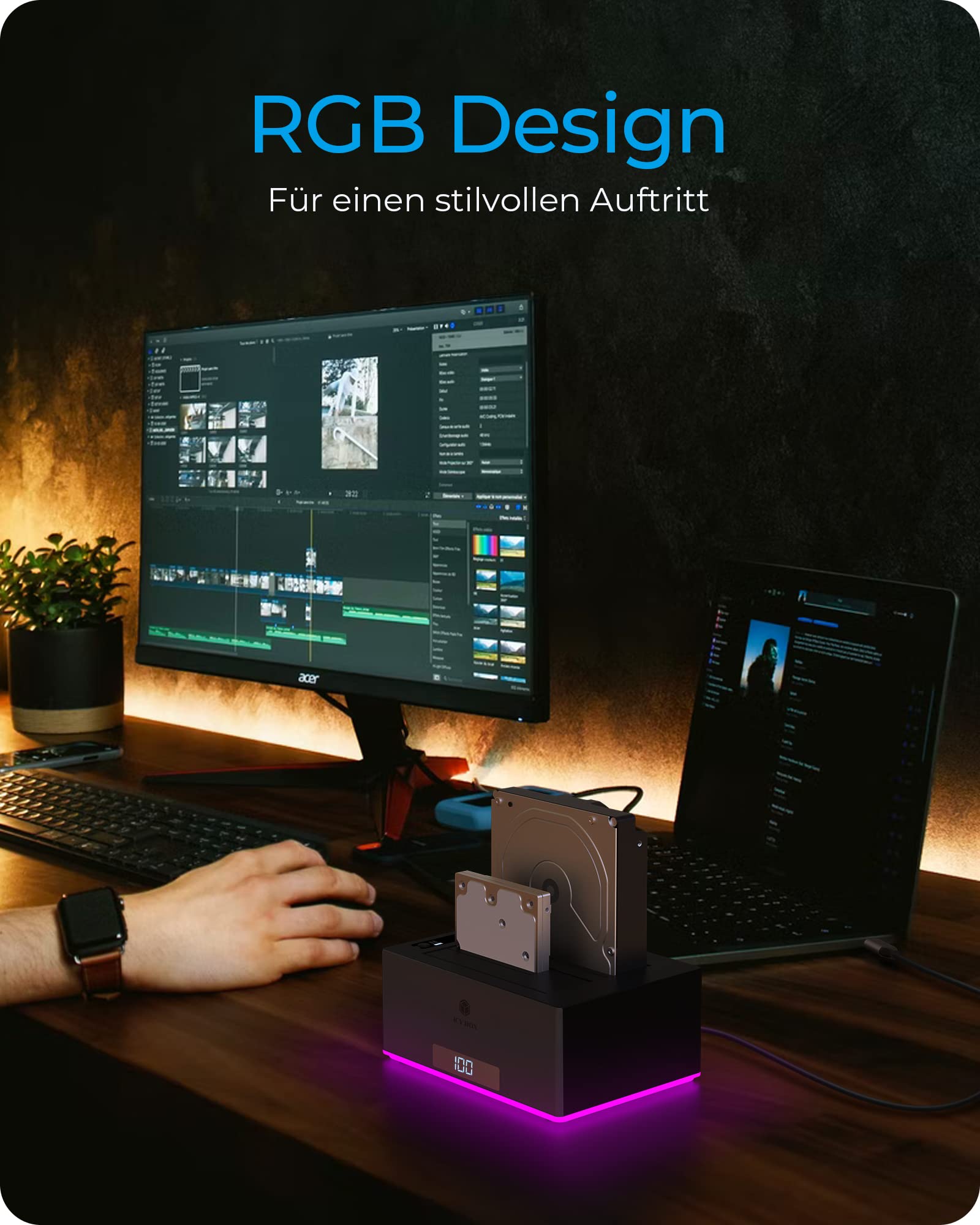 ICY Box USB 3.0 2-Fach Festplatten Docking Station für 2,5" und 3,5" SATA HDD/SSD, RGB, Offline-Klonfunktion, USB-C & USB-A, UASP, IB-127CL-U3