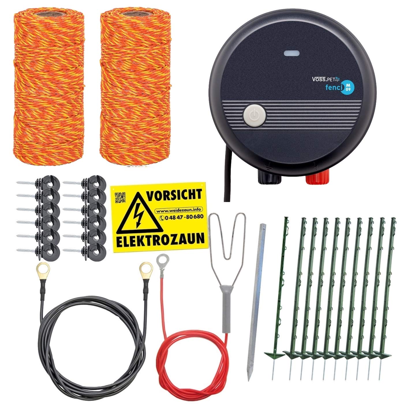 VOSS.farming Hundezaun Komplettset 50m Elektrozaun, ideal für Einzäunungen in Ihrem Garten, mit umfangreichem Zubehör, anschlussfertig mit 200m orangener Weidezaunlitze, 10 grüne Pfähle 105cm