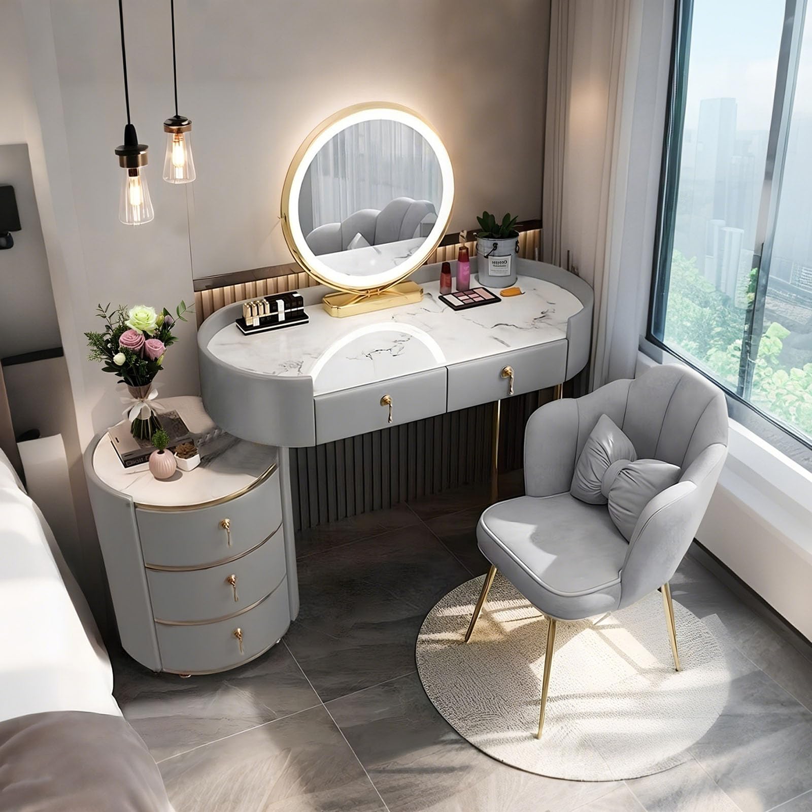 Mesa de maquillaje gris para dormitorio con espejo LED táctil y cómodo tocador para niñas