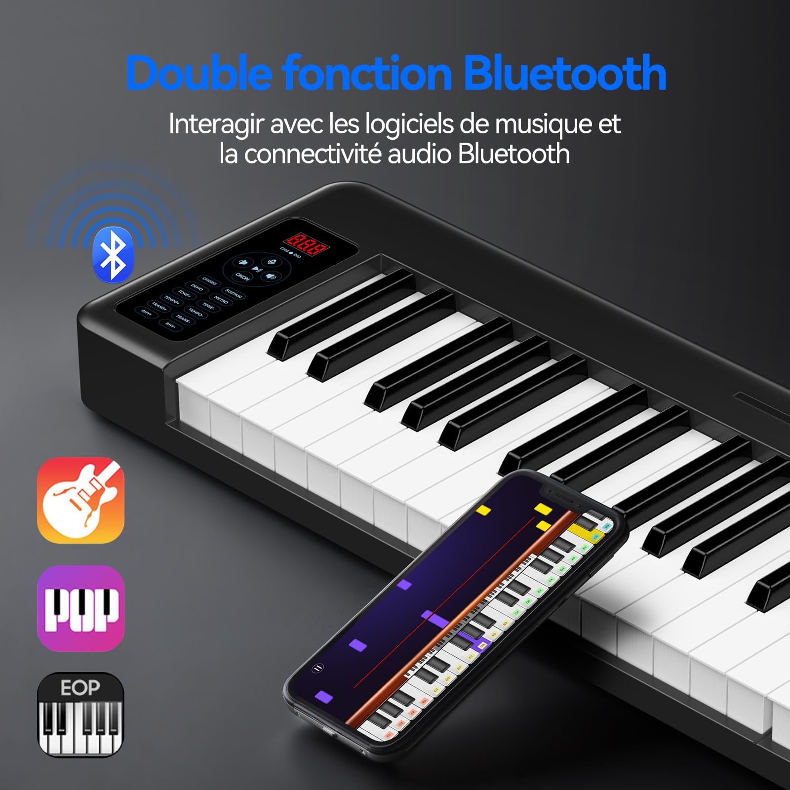 Rhymo Clavier de piano pliant, piano électrique sensible à 61 touches, clavier électrique portable lesté avec Bluetooth MIDI, clavier numérique pliable pour débutant