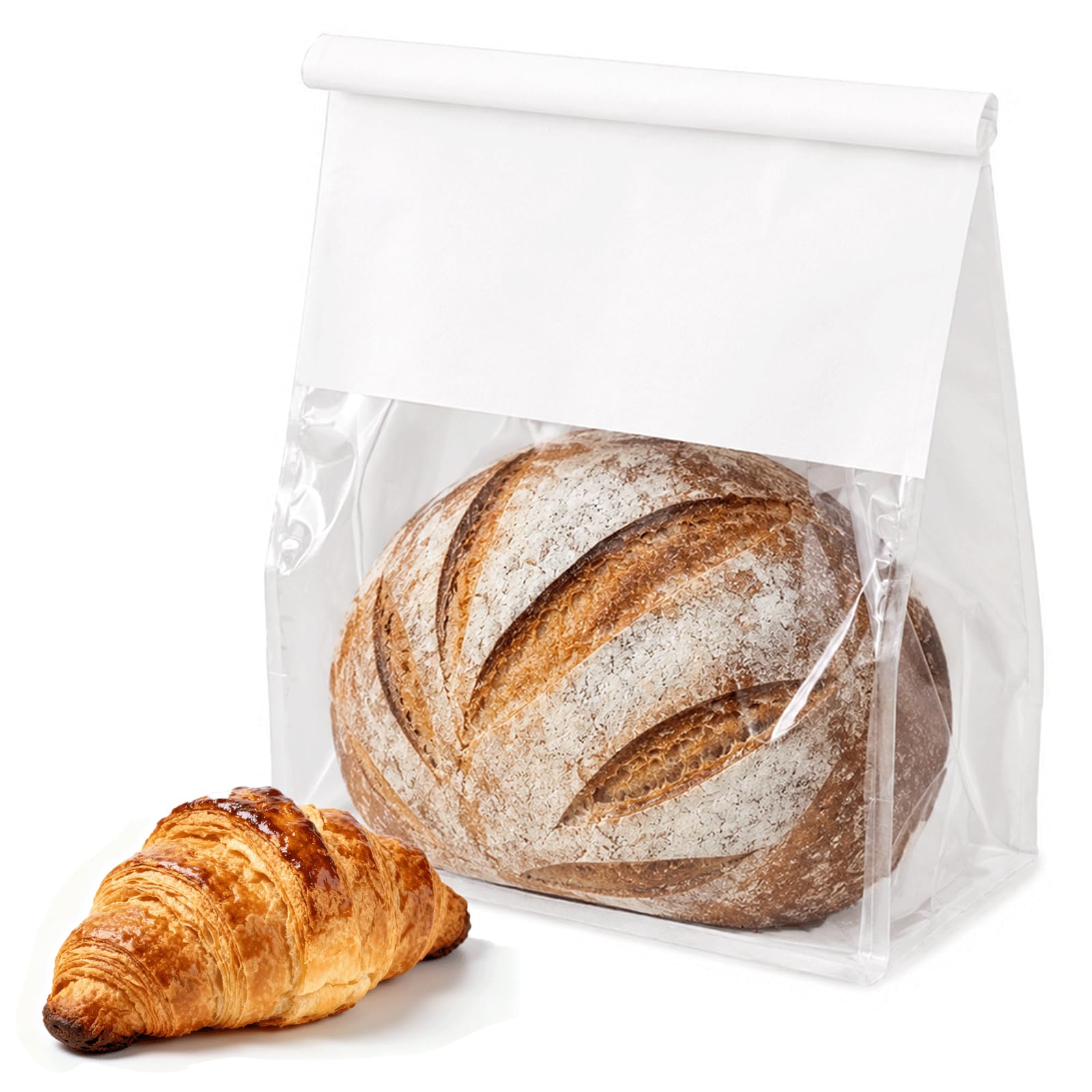 100 Stück 21,6 cm Brotbeutel mit Zinnbinder, große Kastenbeutel aus weißem Baumwollpapier, Aufbewahrungsverpackungsbeutel mit transparentem Fenster für Bäckerei, Café, hausgemachtes Brot