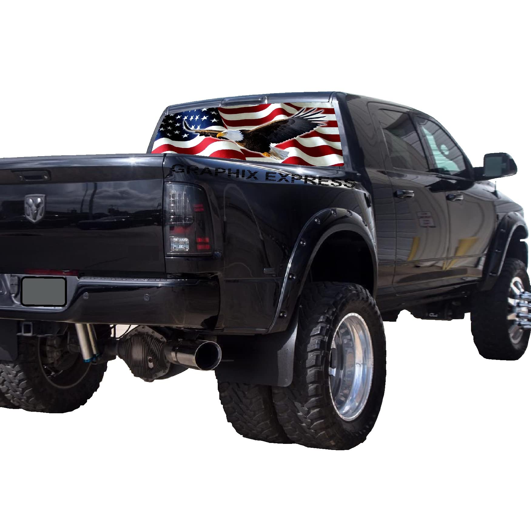 GRAPHIX EXPRESS Truck Back Window Graphics - Bald Eagle American Flag Decal (P325) - USA Flag with Eagle - Universal See Through Rear Window Vinyl Wrap - Full Window Decals for Trucks