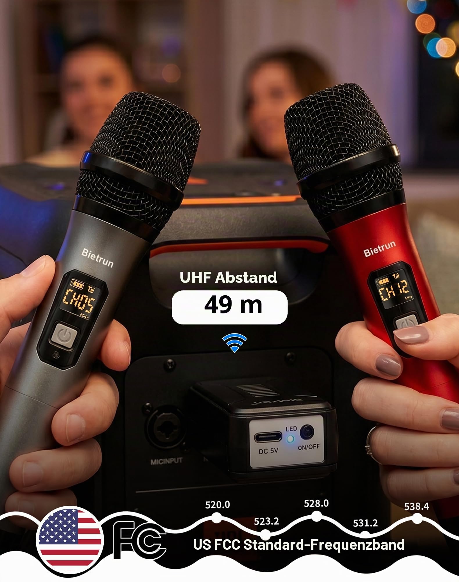 Bietrun Kabelloses Mikrofon, professionelles UHF-Metall-Dual-Handmikrofon-Set mit dynamischem Mikrofonsystem mit wiederaufladbarem Empfänger, 1/4-Zoll-Ausgang, Plug-and-Play