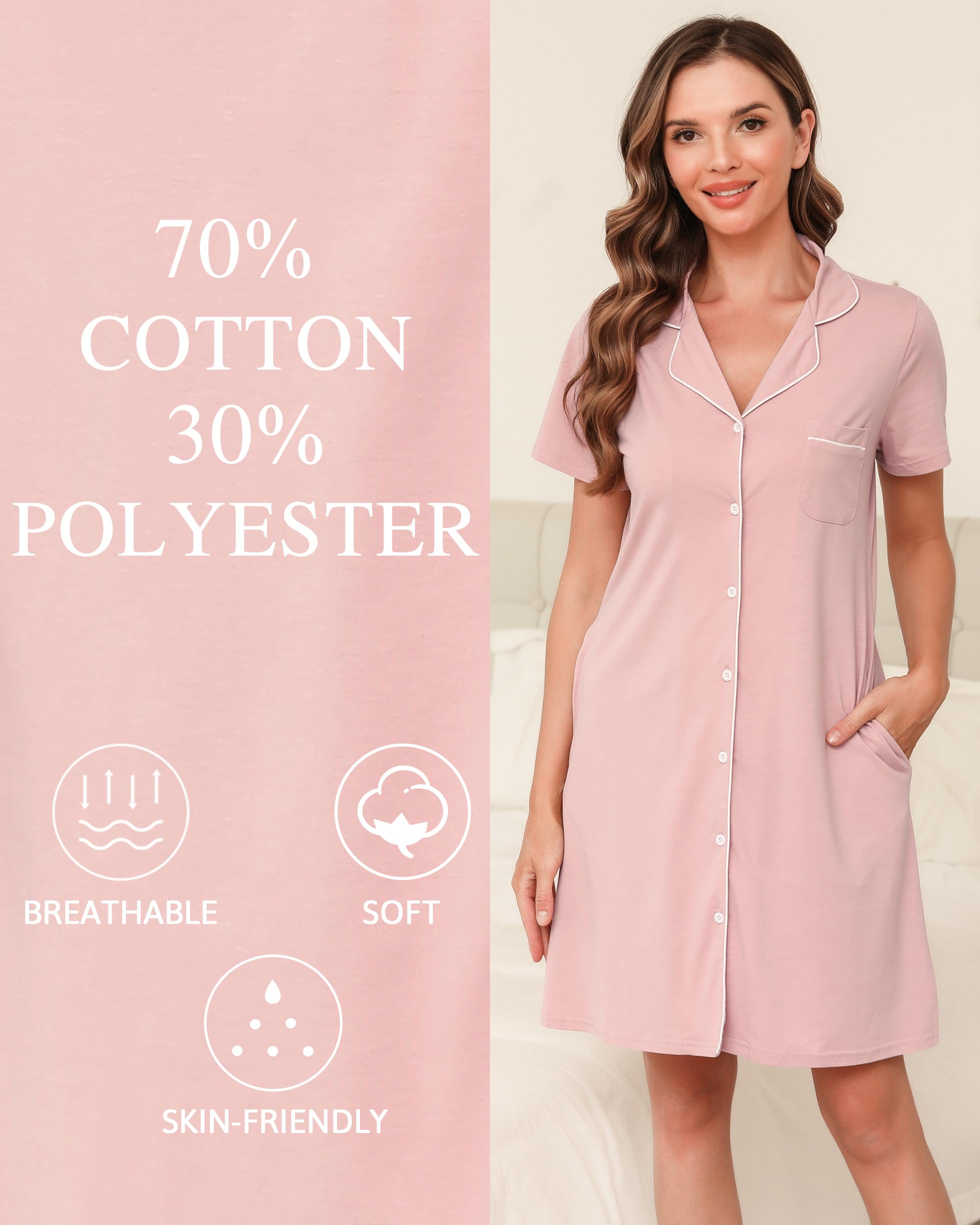 Vlazom Camicie da Notte Donna in Cotone Estiva Scollo a V a Manica Corta Bottoni Davanti