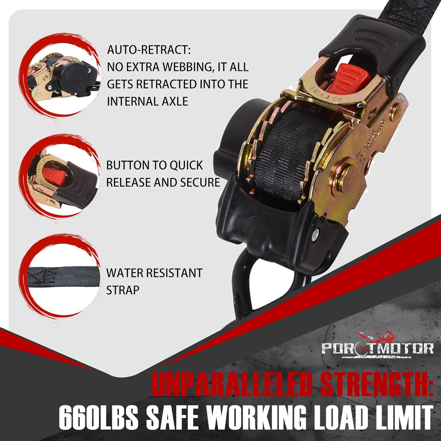 Retractable Ratchet Straps with Built-in Soft Loop, 1 Inch x 10 Feet Self Retracting Straps for Cargo, Truck, Motorcycle, ATV (2 Pack, with Storge Bag)