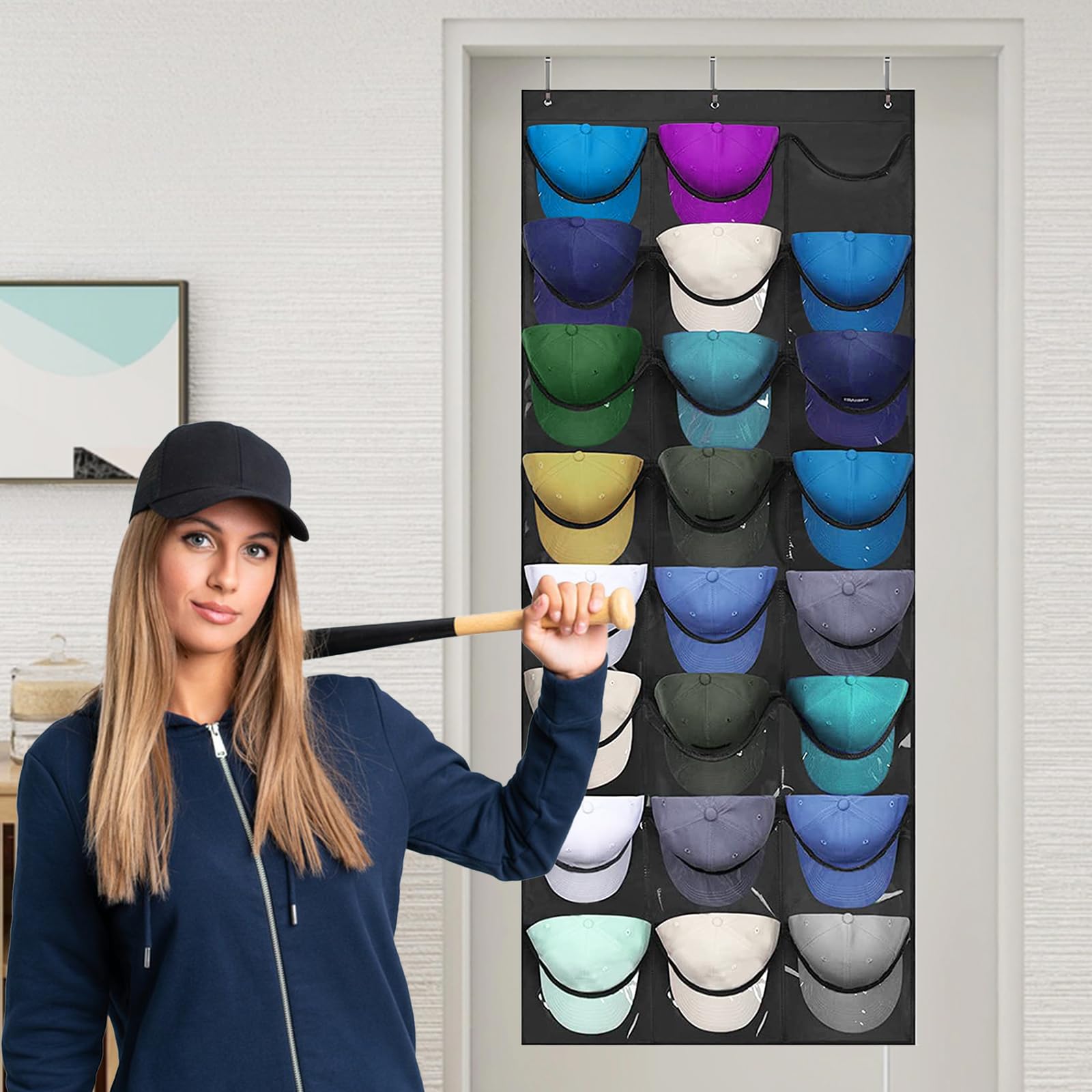 Colgador de Gorras Pared con 24 Bolsillos, Organizador para Gorras de Béisbol Negro