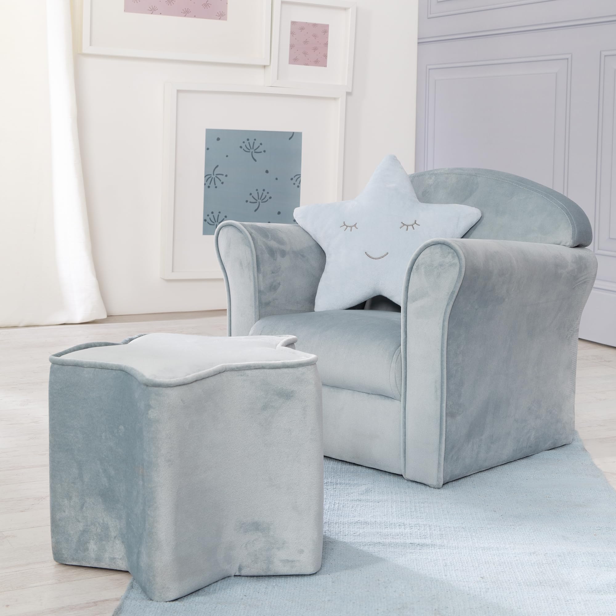 Roba Sillón Infantil Lil Sofá con reposabrazos, para niños y niñas, cómodo sillón para bebé, Tela de Terciopelo Azul, Mini sillón para bebé y habitación Infantil