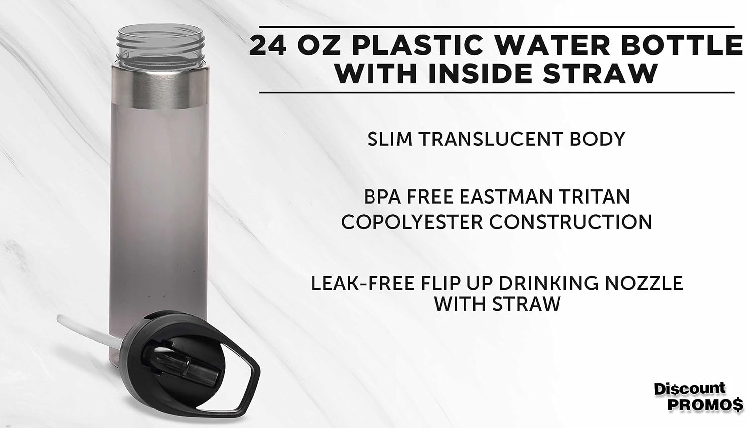 DISCOUNT PROMOS Plastic Water Bottle 24 oz with Inside Straw - BPA Free, Screw-On Cap, Flip Top Nozzle Mechanism - Slim Translucent Body - Eastman Tritan Copolyester - Charcoal - 10 Pack