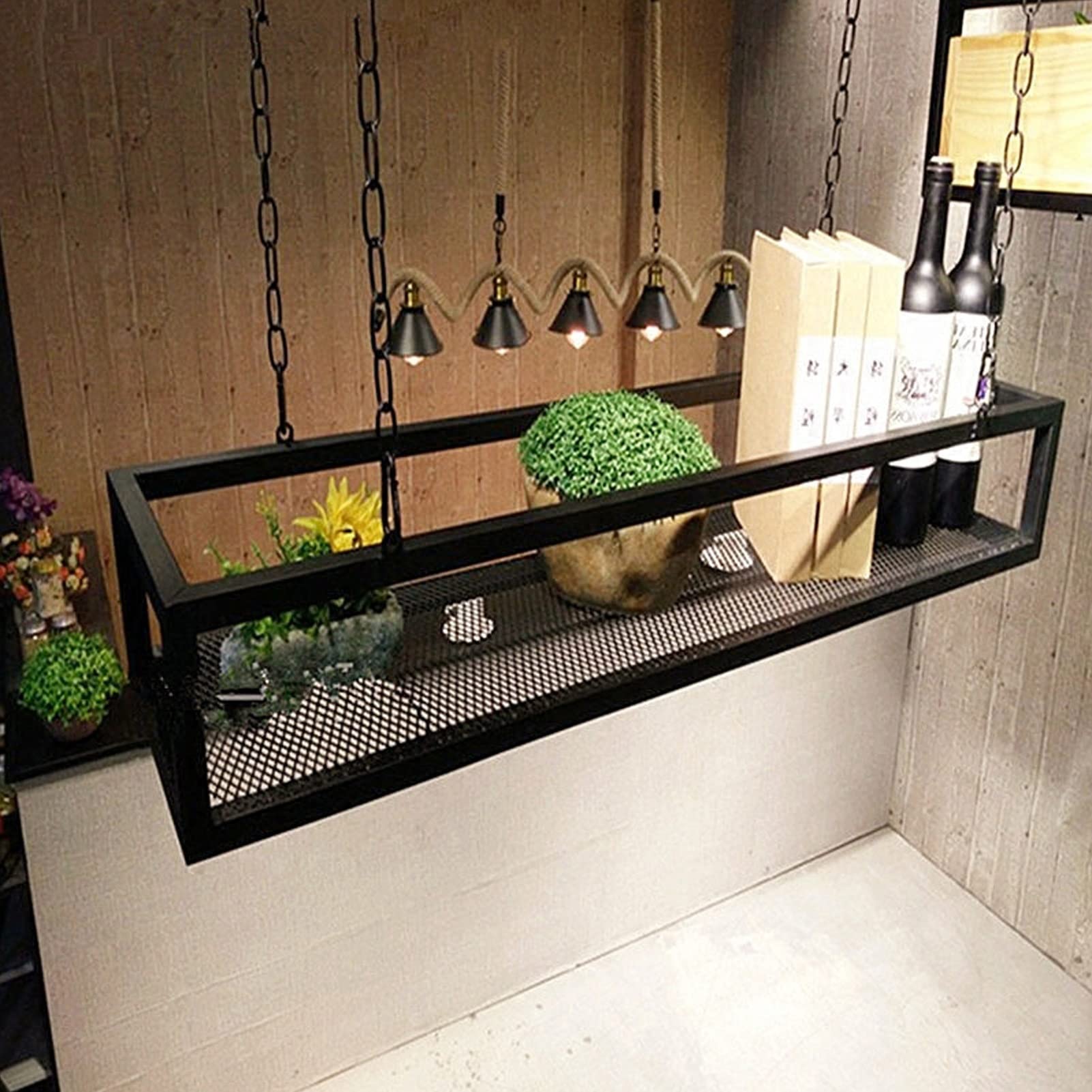 Stylowa czarna pływająca półka sufitowa, montowana na ścianie i suficie, wisząca donica na rośliny i kwiaty, idealna do barów, ogrodów, na balkon (140 x 25 x 15 cm)