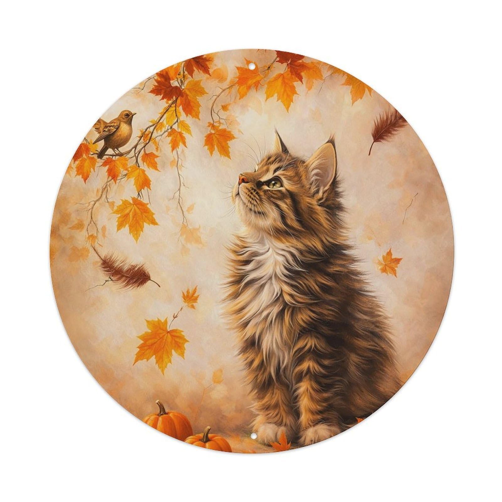 Autumn Leaves Kitten Pumpkin Bird Metal Tin Sign Plaque