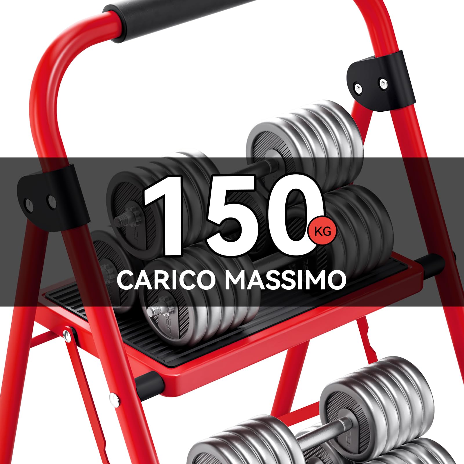 KINGRACK Scala a 2 gradini, scala pieghevole con pedale antiscivolo e largo, scala piccola con maniglia, in acciaio robusta, leggera e portatile, rossa