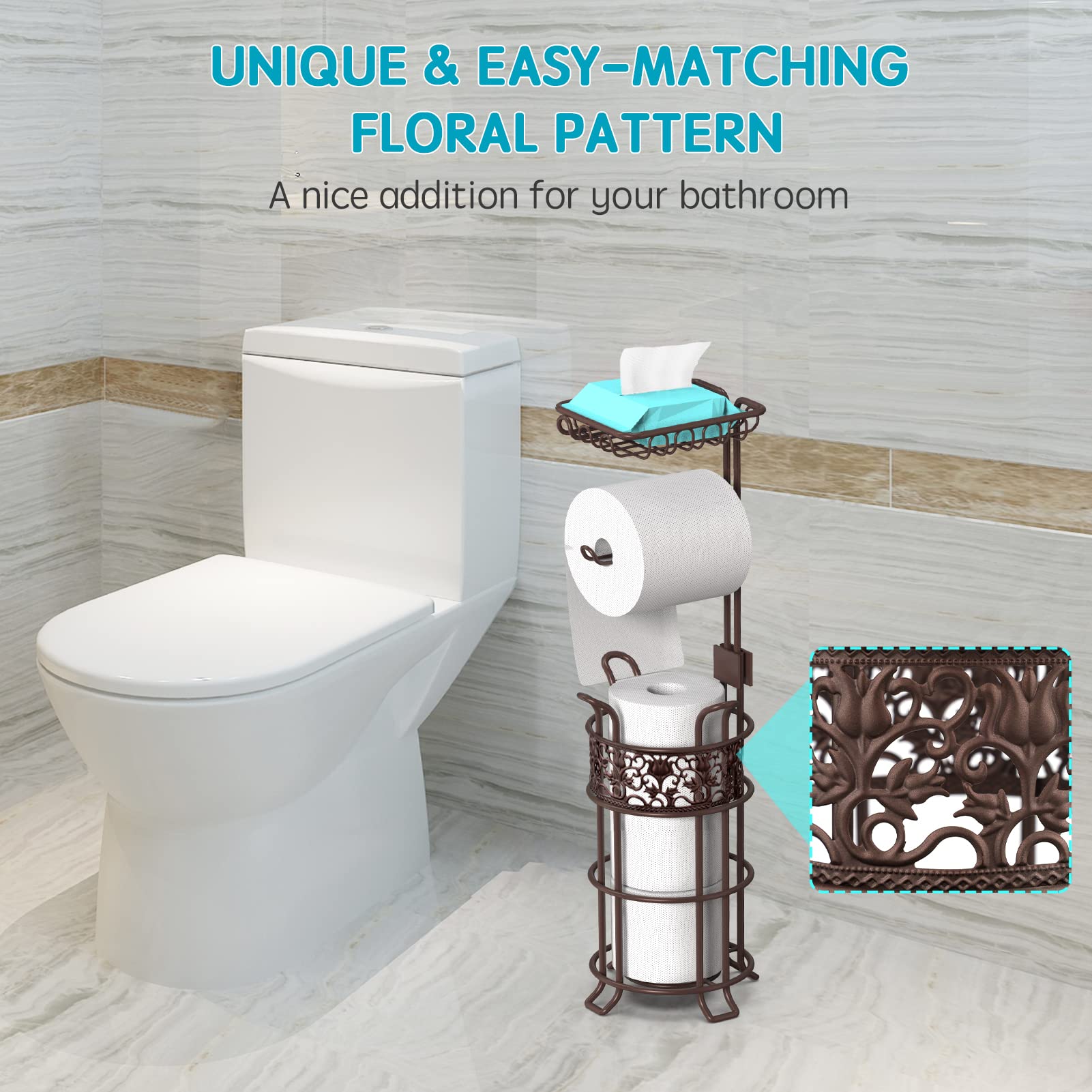 Toilettenpapierhalter Ständer für Badezimmer RV, obere Ablage für Telefoon, Taschentücher, Händedesinfektionsmittel, hält 3 Rollen Reserve- Toilettenpapier, stabil für Jumbo Mega Roll-Bronze