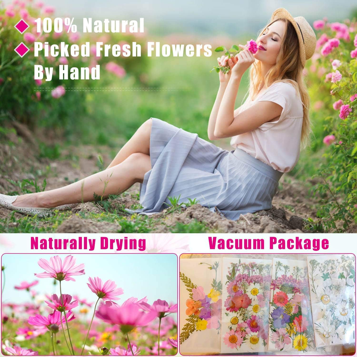 Thrilez Dried Pressed Flowers for Card Making, 100Pcs Real Pressed Dried Flower for Resin Molds Scrapbooking Nail Art, Soap and Jewelry Making (Pink, Yellow, White)