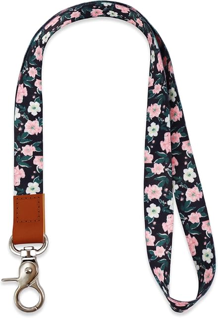 HONZUEN Long Neck Leather Lanyard with Metal Ring, Sturdy Durable Lanyard Neck Strap, Women Men ID Badge Lanyard Ideal for Card Holder, Keychains, Whistle, Wallet(Flower)