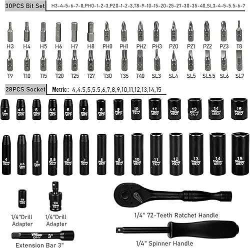 Miniatura 3 de Juego de llaves de vaso de impacto de 14 de pulgada, métricas (0.157-0.591 in) de profundidad y poco profunda, 6 puntos, CR-V, con mango de llave de
