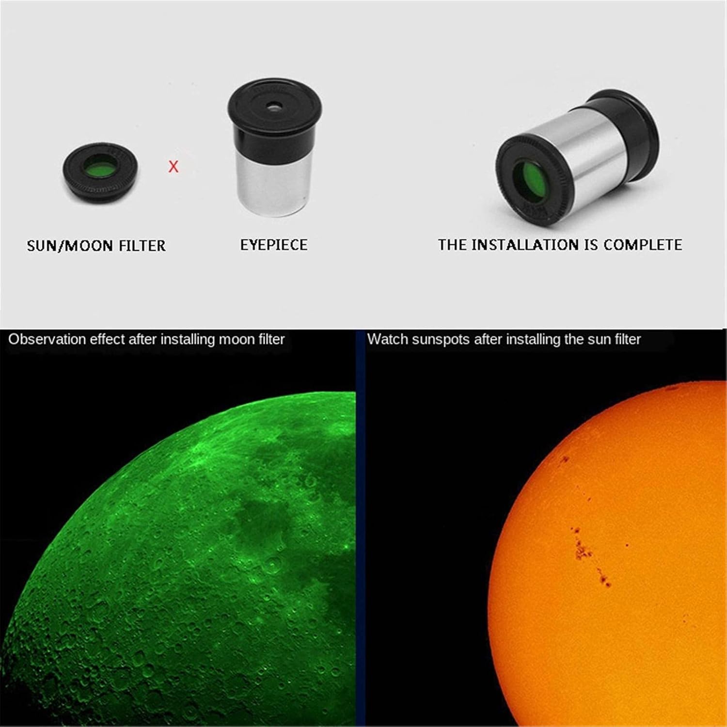 Comparison of Moon and Sun observation with and without filters