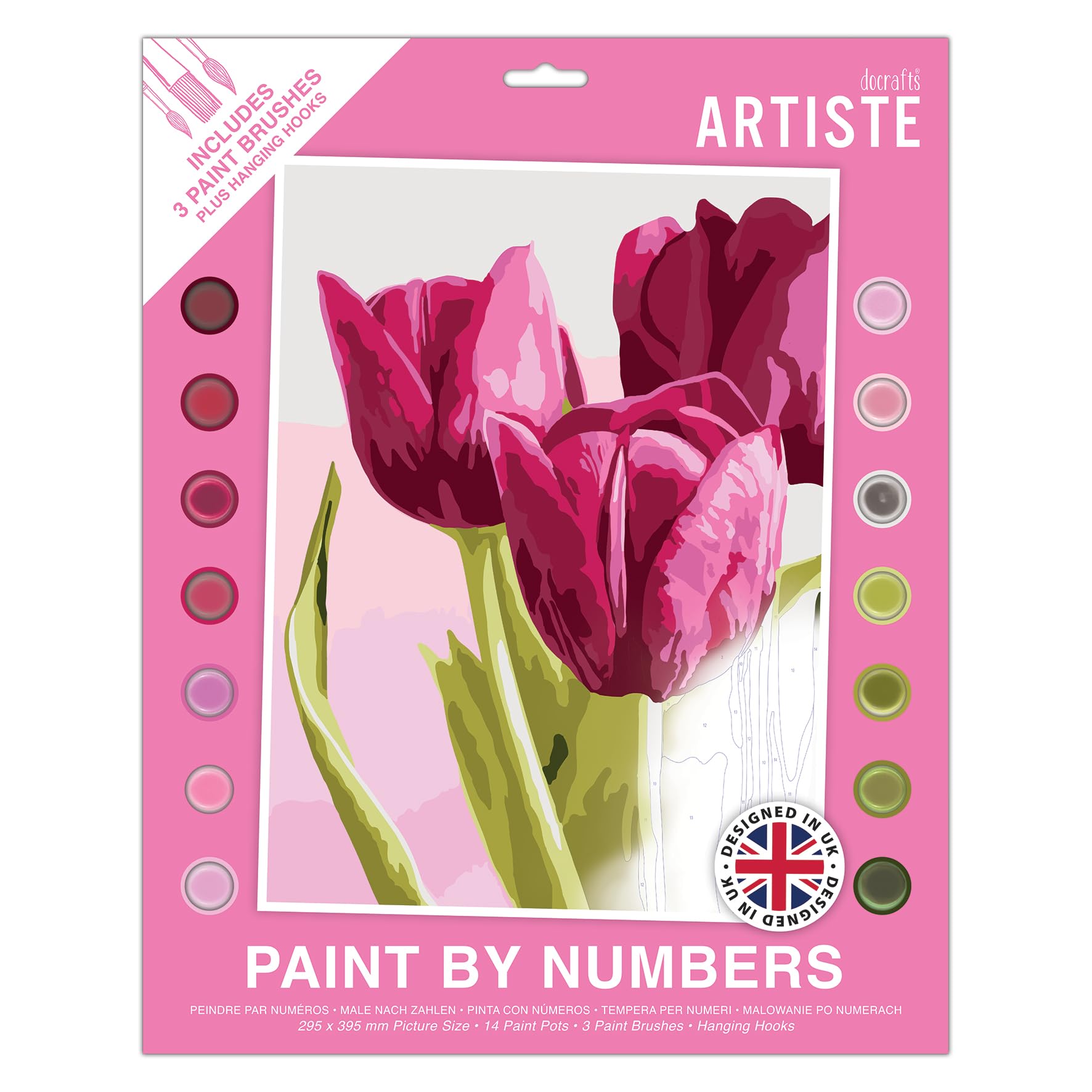 DOCRAFTS ARTISTE Large Paint by Numbers, Tulips, Summer Craft, 395x295mm Board 14 Acrylic Colour Paint 3 Size Brush Set, Adults Craft, Hobbies Craft, Number Coded Design, Personalised Art