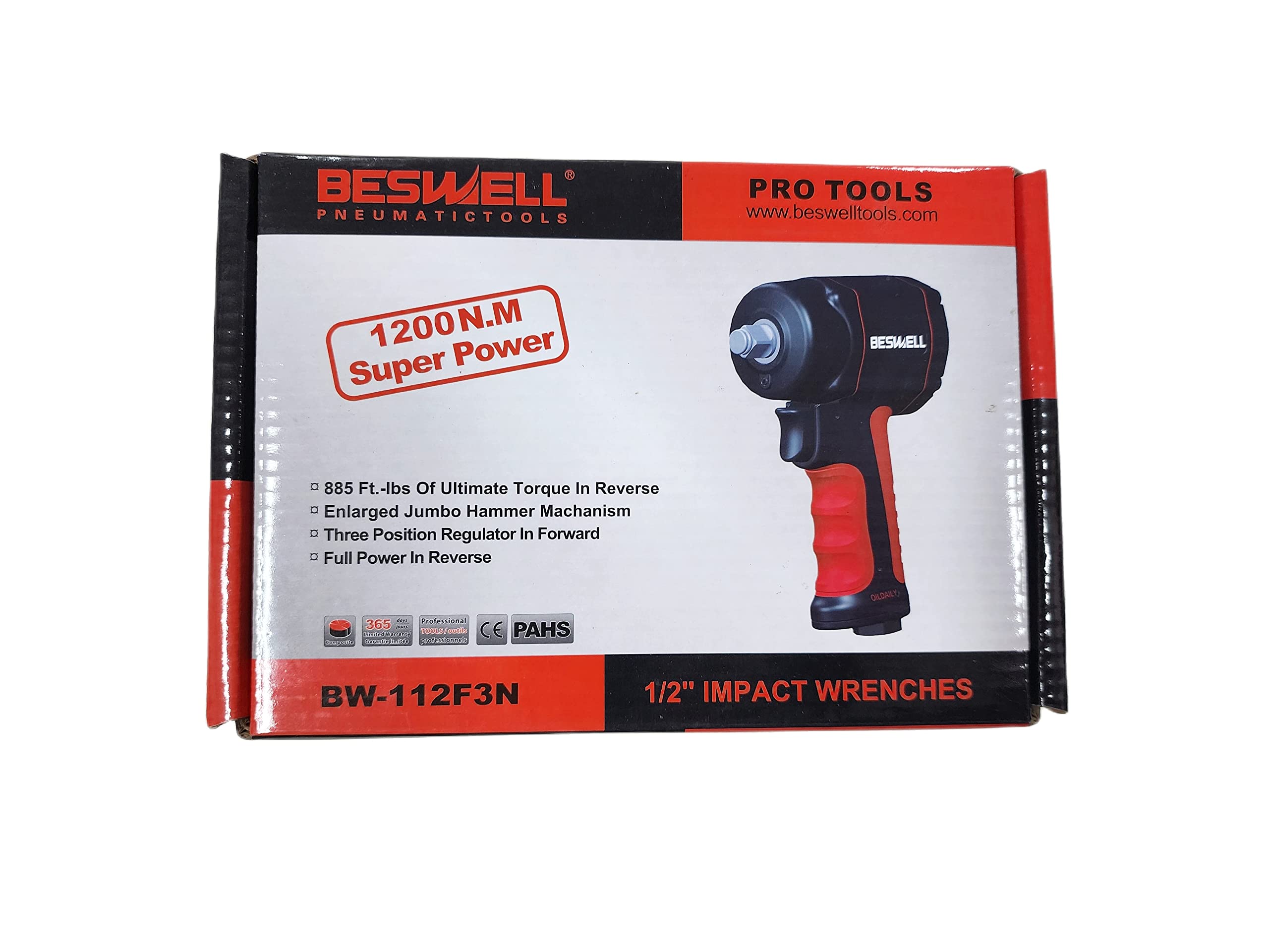 Beswell-BW-112F3N-llave de impacto neumática - máx. Par de aflojamiento 1200 Nm, 12,5 mm (1/2 pulgada) - llave neumática de baja vibración para apretar y aflojar tornillos-2 años de garantía