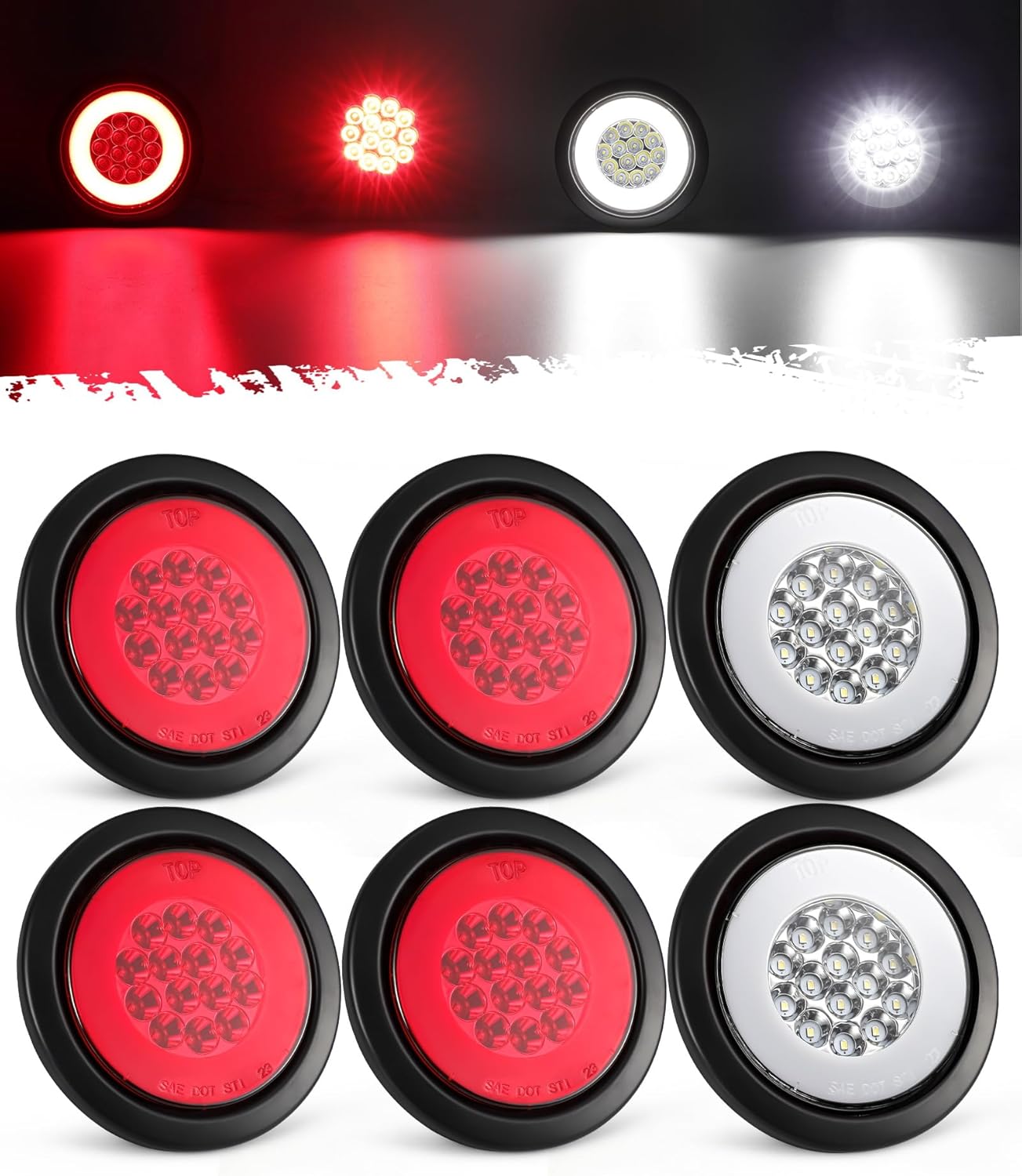 Partsam 6Pcs 4 Inch Round 32LED Trailer Tail Lights 4 Red 2 White with Halo Glow Stop Turn Tail Running Light Lamps Rubber Grommet 3-Prong Wire Pigtails Included, 12-24V, IP67 Waterproof