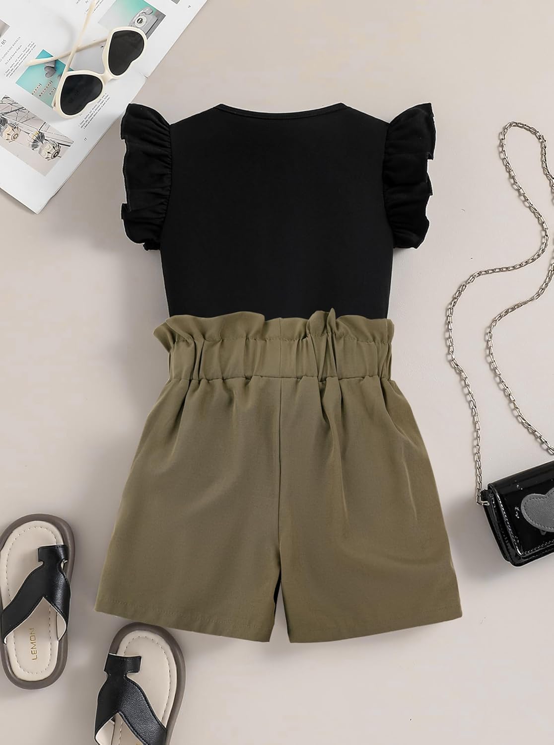 Girls' 2 Pieces Outfits Cute Ruffle Sleeve Top and High Waisted Striped Shorts Set - Image 2