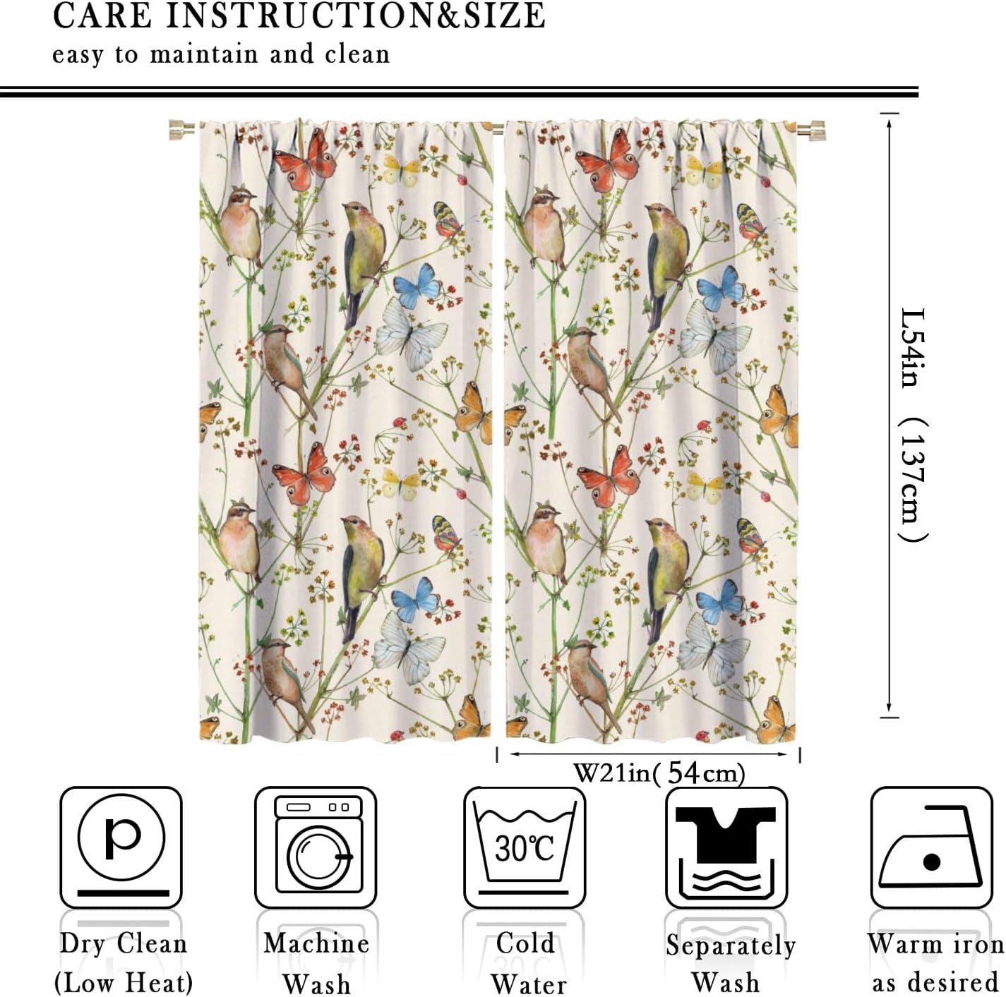 Floral Plant Curtain Animal Bird Watercolor Butterfly Branch Beige Printed Curtain Decor Curtain Living Room Bedroom Blackout Privacy Noise Reduction Curtain 42x54 Inches 2 Panels