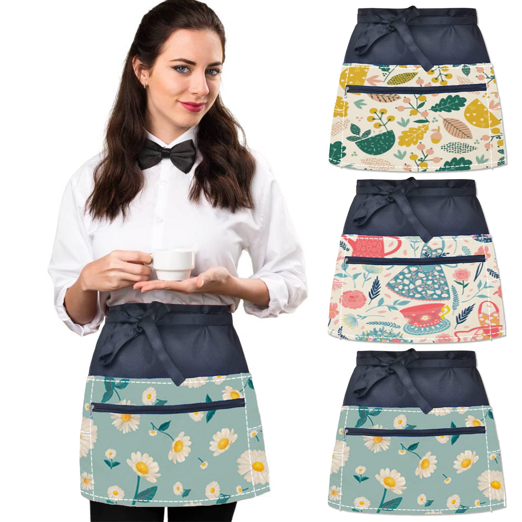 3 Pack Waitress Aprons with 6 Pockets for Women Floral Pattern Kitchen Server Apron Restaurant Chef Half Apron for Waist Waiter Bartender Barista