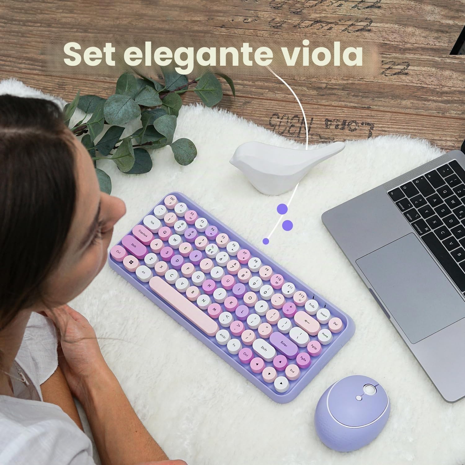 Perixx PERIDUO-713PP ES - Set di mouse e mini tastiera wireless 2,4 GHz, tasti rotondi stile retrò, per PC e tablet, viola pastello, spagnolo QWERTY