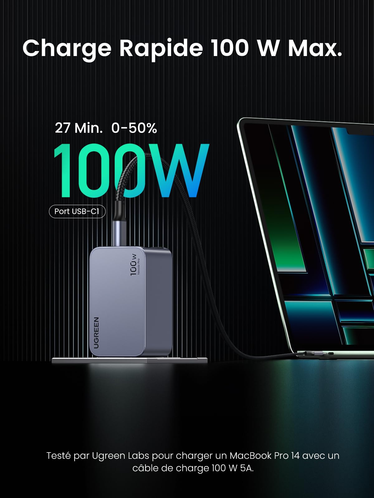 UGREEN Nexode Pro 100W Chargeur Rapide USB C 3 Ports GaNInfinity Tech