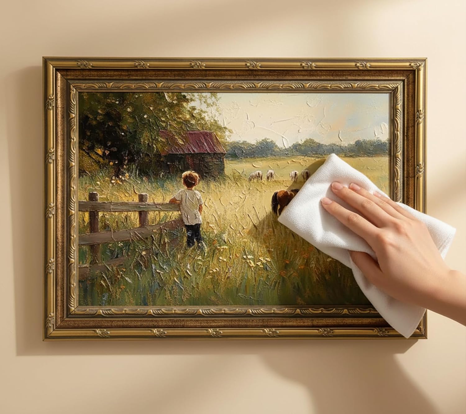 Gold Frame Vintage Country Canvas Wall Art, 3D Textures Boy and Horses Painting Picture Wall Decor, Retro Farmhouse Landscape Poster Print Artwork for Children Room, Kitchen, Home Decoration 12x16in