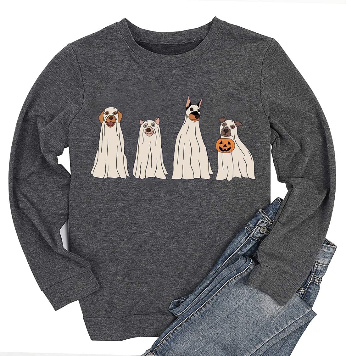 MYCHTE Halloween Ghost Dog Sweatshirt Women Dog Lover Tshirt Gift Casual Long Sleeve Pullover Tops Fall Holiday Shirt