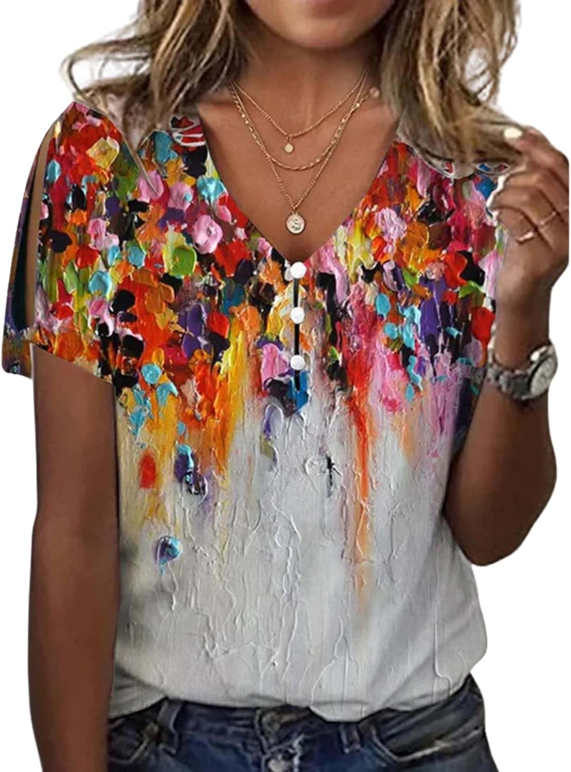 LOAIHA 2025 Summer New Floral Print Casual V Neck Shirts...