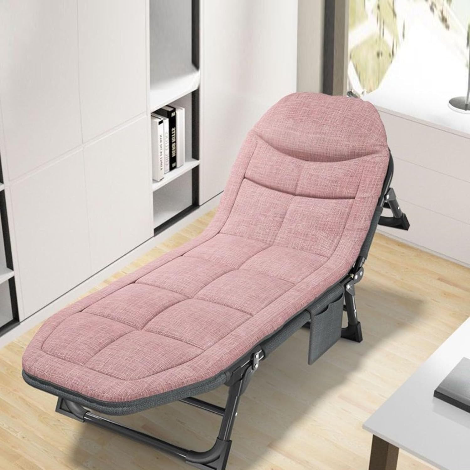 Portable Folding Adult Camping Cot with 6-Position Adjustable Backrest, Heavy Duty Outdoor Folding Bed with Side Pocket, Supports Up to 352 lbs(Pink,Large)