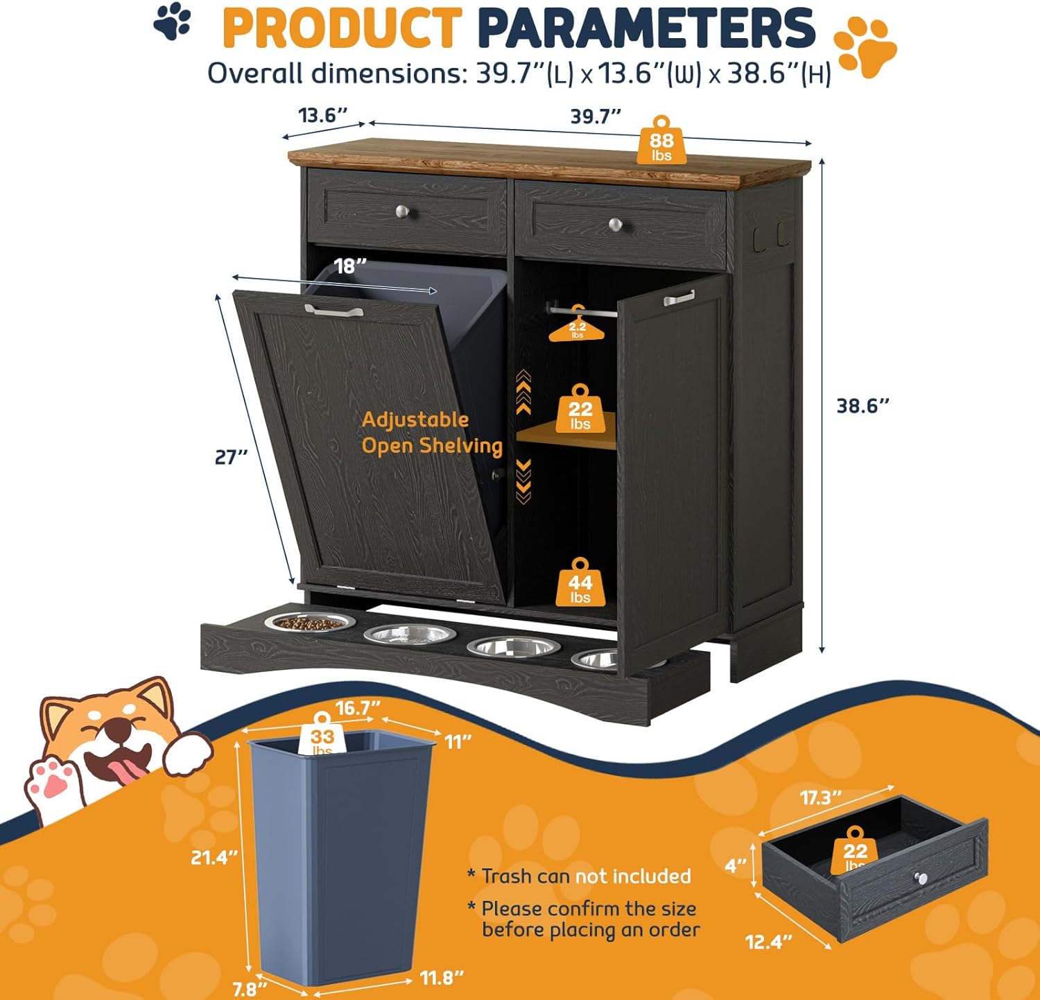 Double Door Dog Feeding Station with Storage,2X13 Gallons Tilt Out Trash Can Cabinet,Dog Food Cabinet with 4 pcs Dog Bowl for Kitchen/Living Room (Black, Double Door)