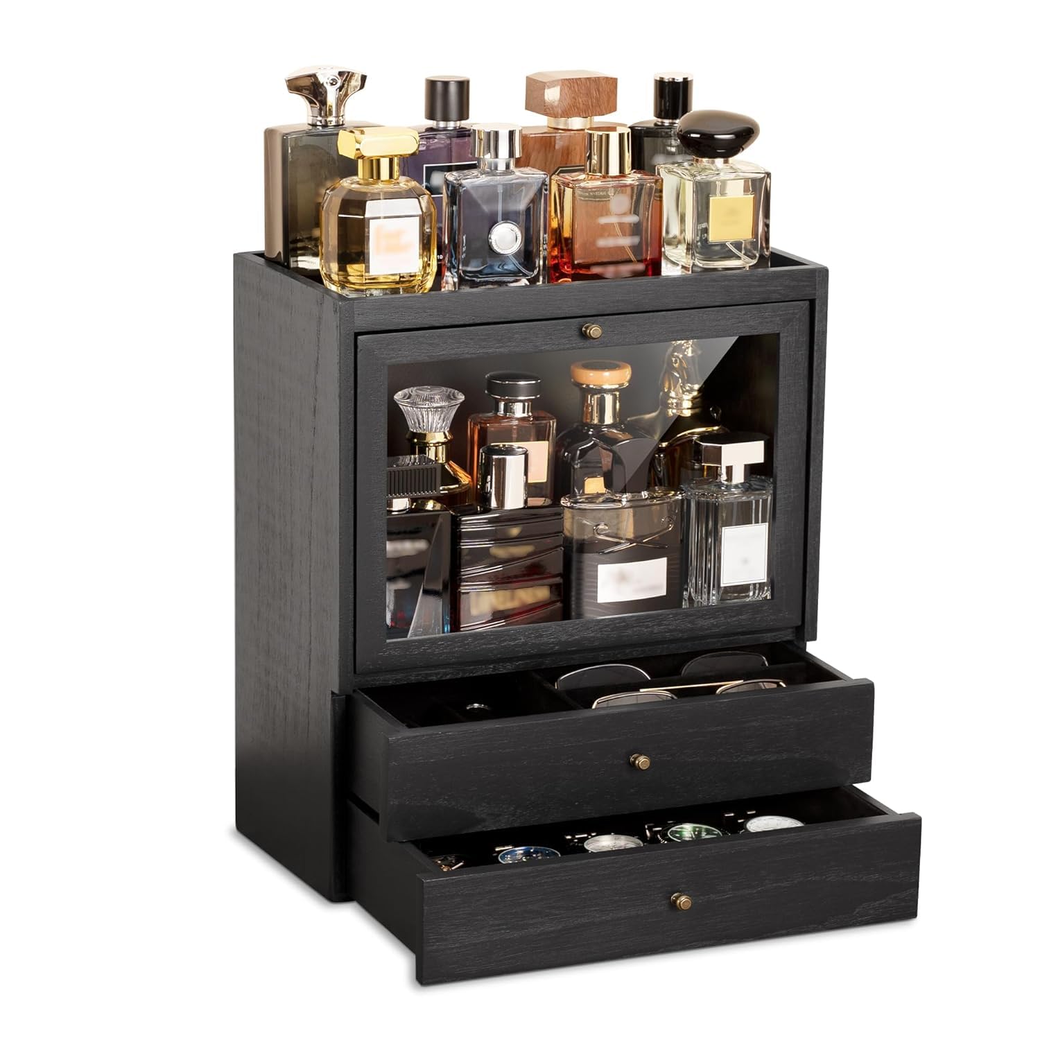 HoldOneLight Organizador de perfume, soporte vertical de madera para perfume, 4 niveles, gran capacidad, a prueba de polvo, con doble cajón, regalo para seres queridos