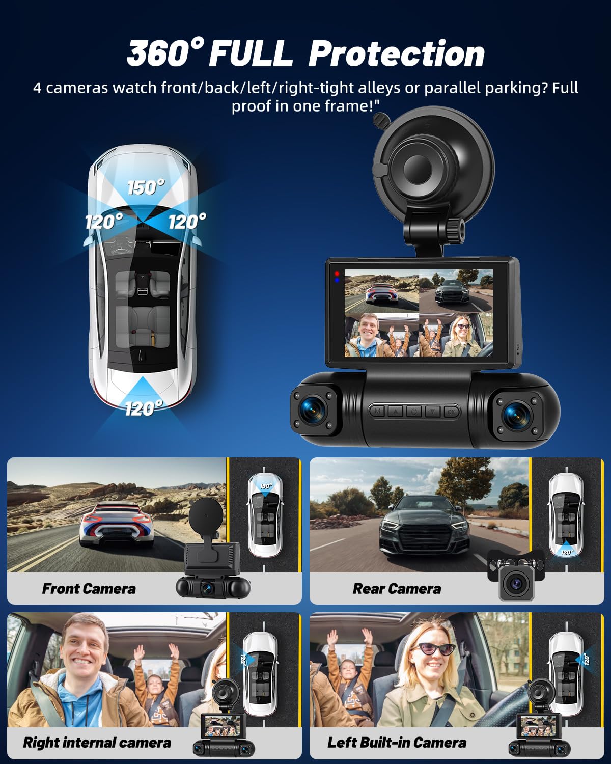NHOPEEW 2K Dash Cam a 4 canali per auto – Videocamera WiFi per auto con tre telecamere 1080P, visione notturna, registrazione in loop, rilevamento del movimento con sensore G e controllo tramite app