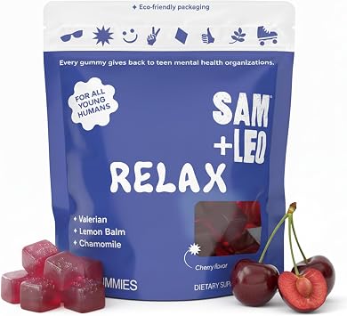 SAM+LEO Relax Gummies with Valerian, Lemon Balm & Chamomile for Kids & Teens Stress Relief & Relaxation Support Vegan & Gluten Free, Cherry Flavor 60 Count