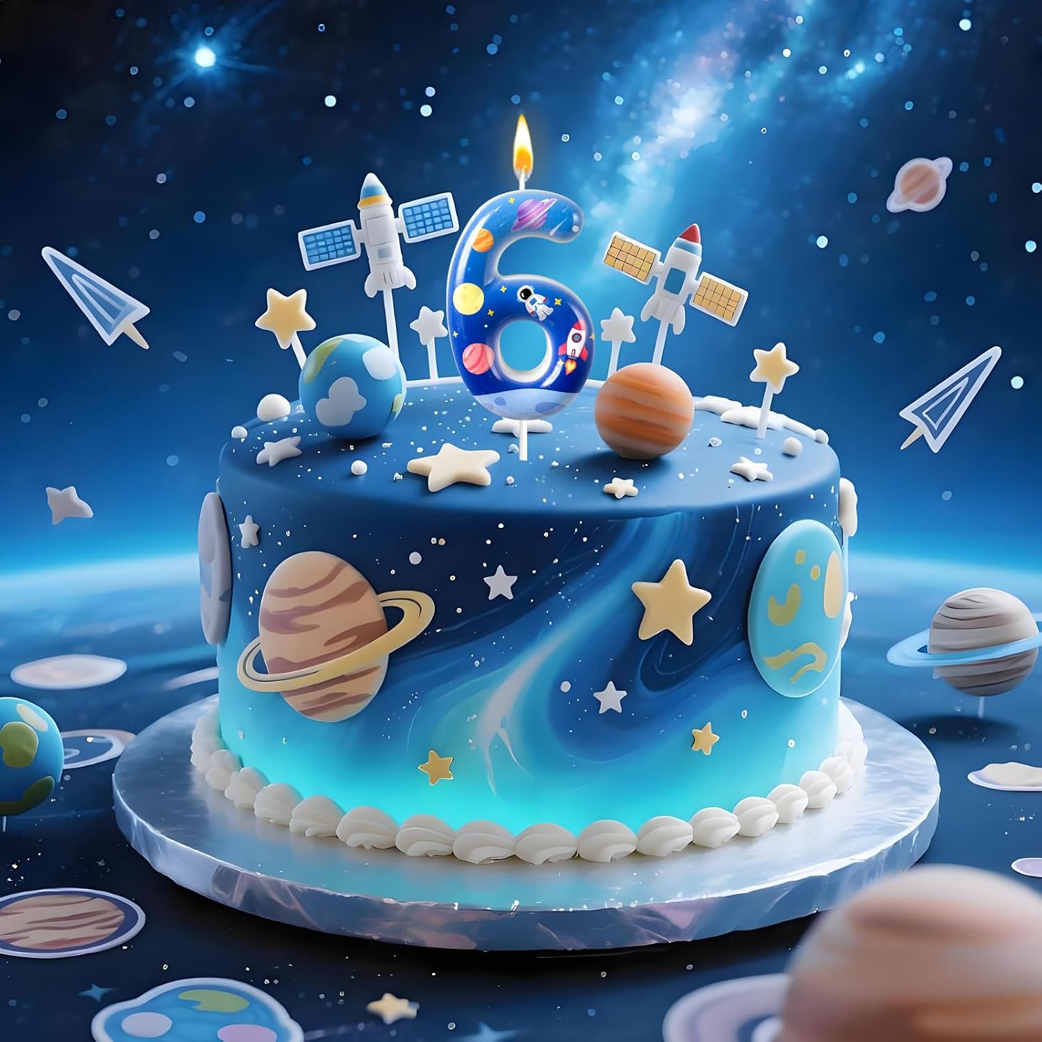 Spaceship Number 6 Birthday Candles - Space Universe Themed Cake Topper for Birthday Decorations Supplies, Astronaut Rocket Party Favors (Number 6)
