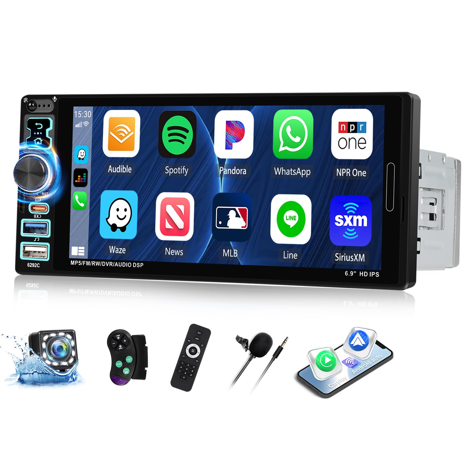 Autoradio 1 DIN z 6,9-calowym ekranem dotykowym HD – wbudowane CarPlay przewodowe i Android Auto – Bluetooth 5.2 sterowanie kierownicą kamera cofania podświetlenie w 12 kolorach USB i port Type-C