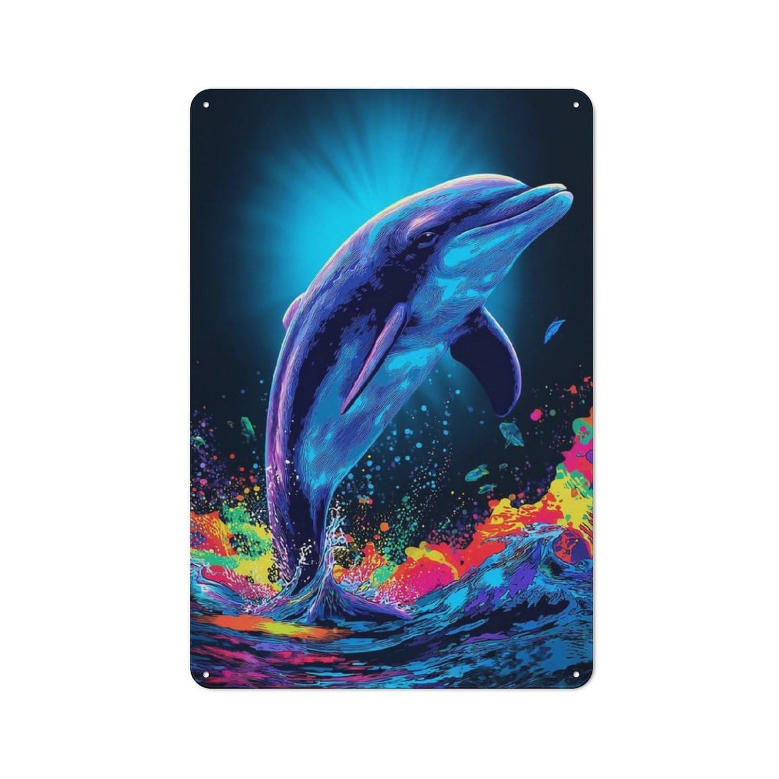 Junmoney Neon Dolphin Splash Vintage Tin Sign 30X20cm For Home Bar Wall, For Collectors Of Vintage Metal Wall Decor