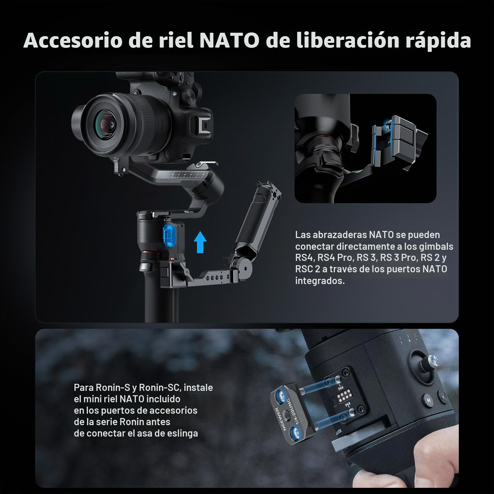 NEEWER RS4 RS3 Gimbal Sling Empuñadura Ajustable con Riel NATO, Compatible con dji RS4 RS4Pro RS3 RS3Pro RS3Mini RS2 RSC2 Ronin-S Ronin-SC para Tomas Angulo Bajo, Carga Máxima 13,2 LB, ST49