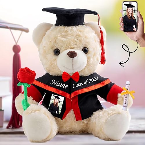 Regalos de graduación para ella, oso de peluche personalizado con foto + texto, oso de peluche blanco con rosa y lazo como regalo personalizado para